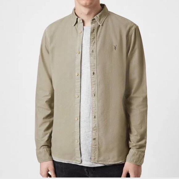 All SAINTS Men's Huntingdon Long Sleeve Cotton Button Down Shirt M Beige Tan - Picture 1 of 13
